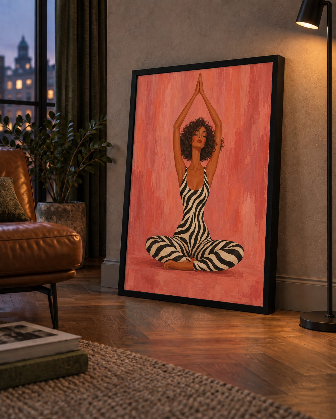 Mercan Zebra Desenli Yoga Yapan Kadın Poster — çerçeveli hâliyle bir ev duvarında