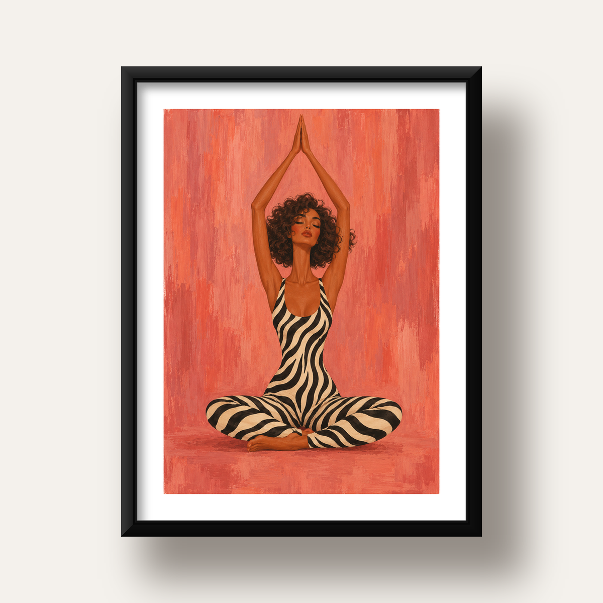 Mercan Zebra Desenli Yoga Yapan Kadın Poster — siyah derin çerçeveli paspartulu
