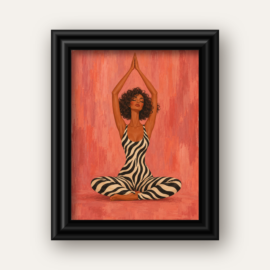 Mercan Zebra Desenli Yoga Yapan Kadın Poster — siyah galeri çerçeveli