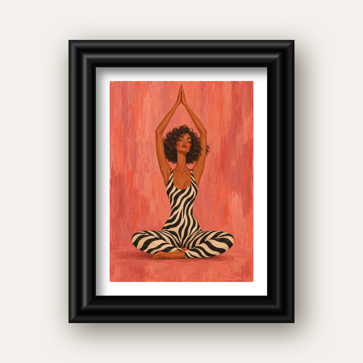 Mercan Zebra Desenli Yoga Yapan Kadın Poster — siyah galeri çerçeveli paspartulu