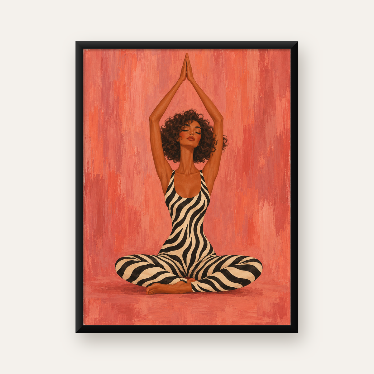 Zebra Desenli Yoga Pozlu Modern Kadın Poster Sanatı — Dikey baskı, düz siyah çerçeveli duvar posteri