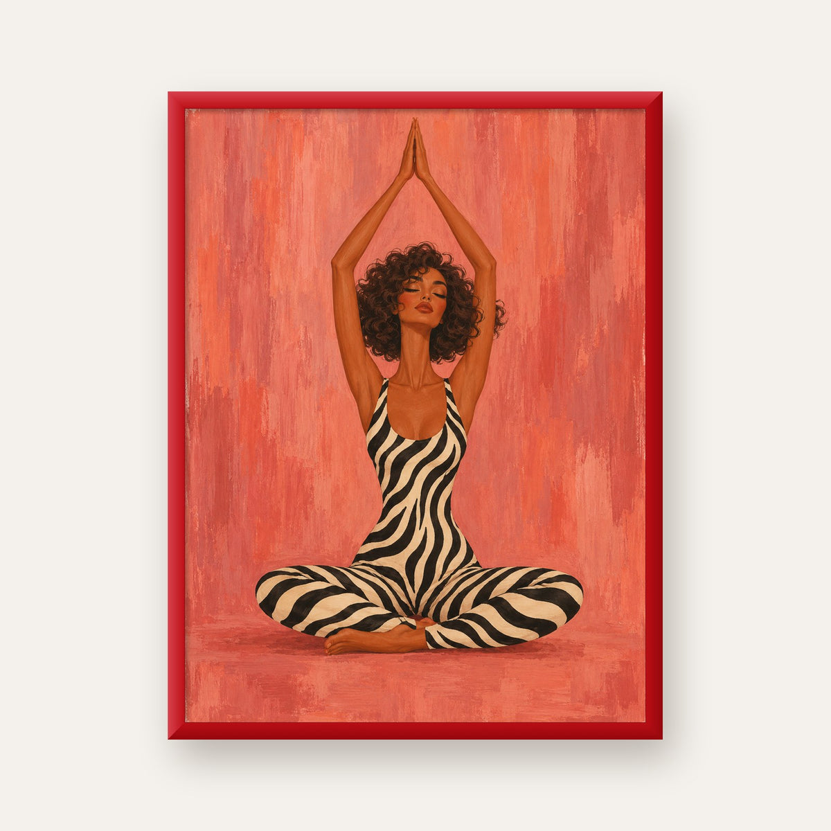 Mercan Zebra Desenli Yoga Yapan Kadın Poster — kırmızı çerçeveli