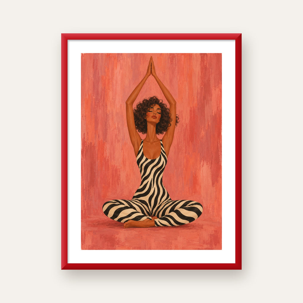 Mercan Zebra Desenli Yoga Yapan Kadın Poster — kırmızı çerçeveli paspartulu