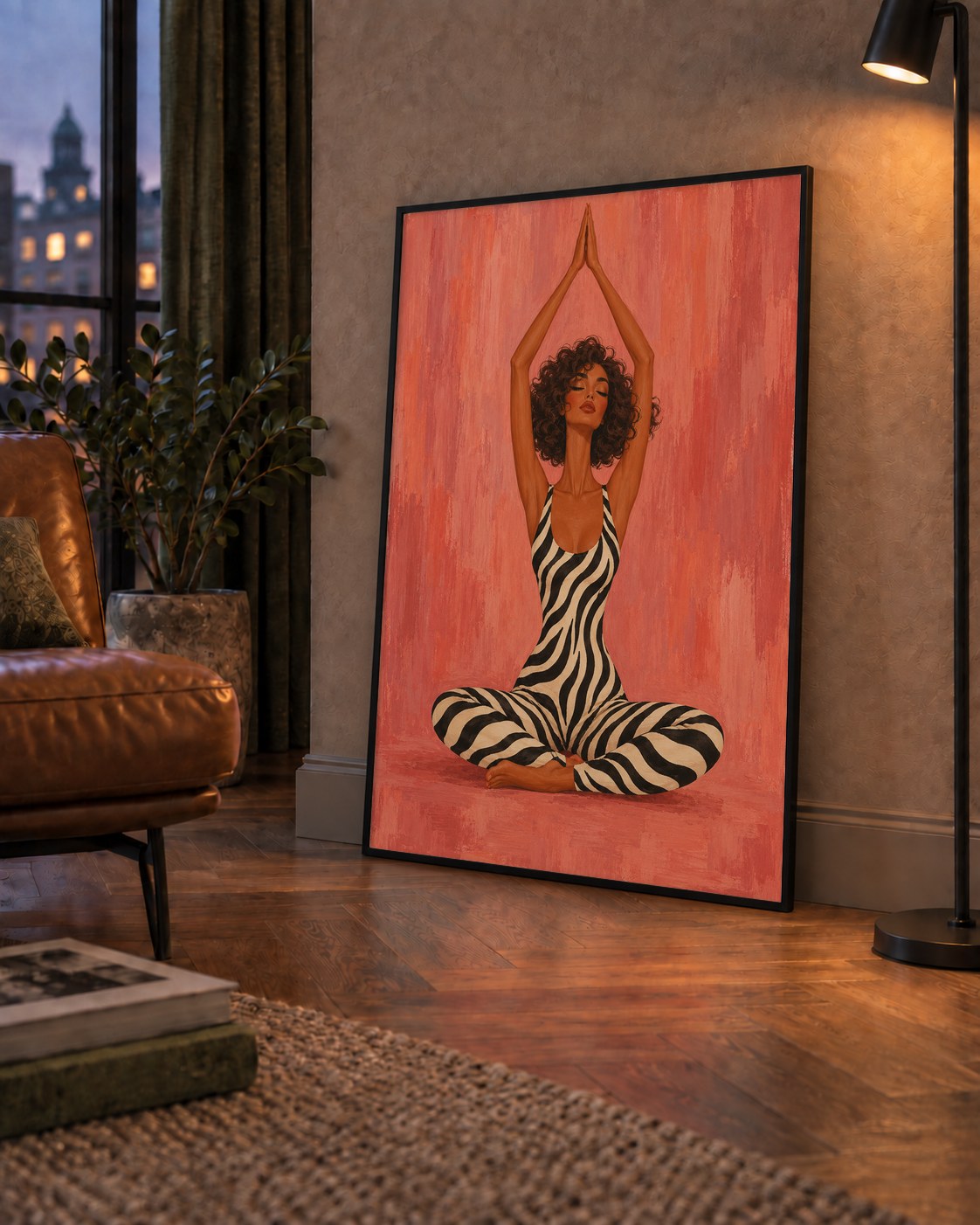 Mercan Zebra Desenli Yoga Yapan Kadın Poster — çerçeveli hâliyle bir ev duvarında