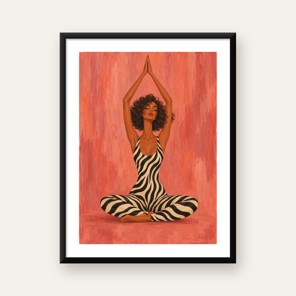 Zebra Desenli Yoga Pozlu Modern Kadın Poster Sanatı — Dikey baskı, beyaz kenar boşluklu