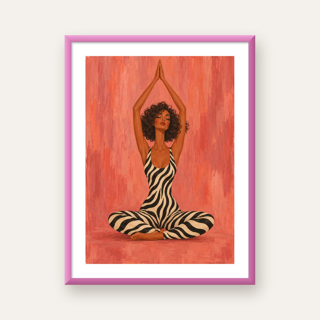 Mercan Zebra Desenli Yoga Yapan Kadın Poster — pembe çerçeveli paspartulu