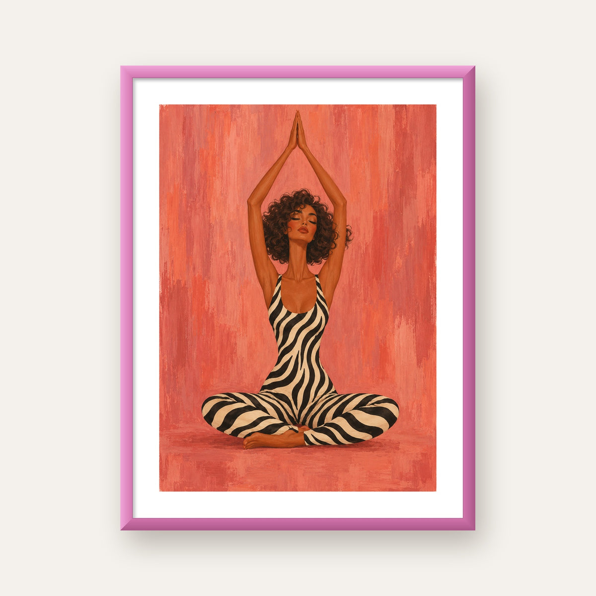 Mercan Zebra Desenli Yoga Yapan Kadın Poster — pembe çerçeveli paspartulu