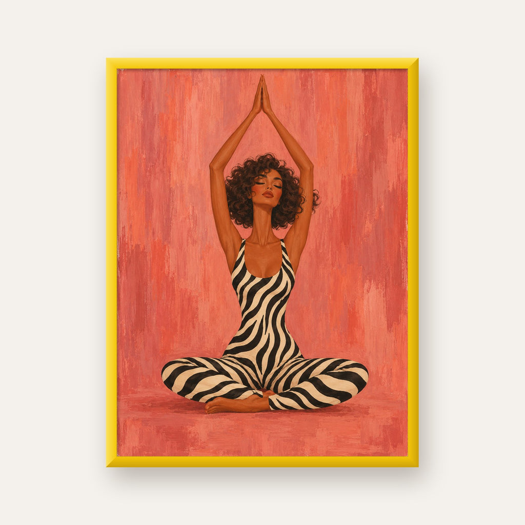 Mercan Zebra Desenli Yoga Yapan Kadın Poster — sarı çerçeveli
