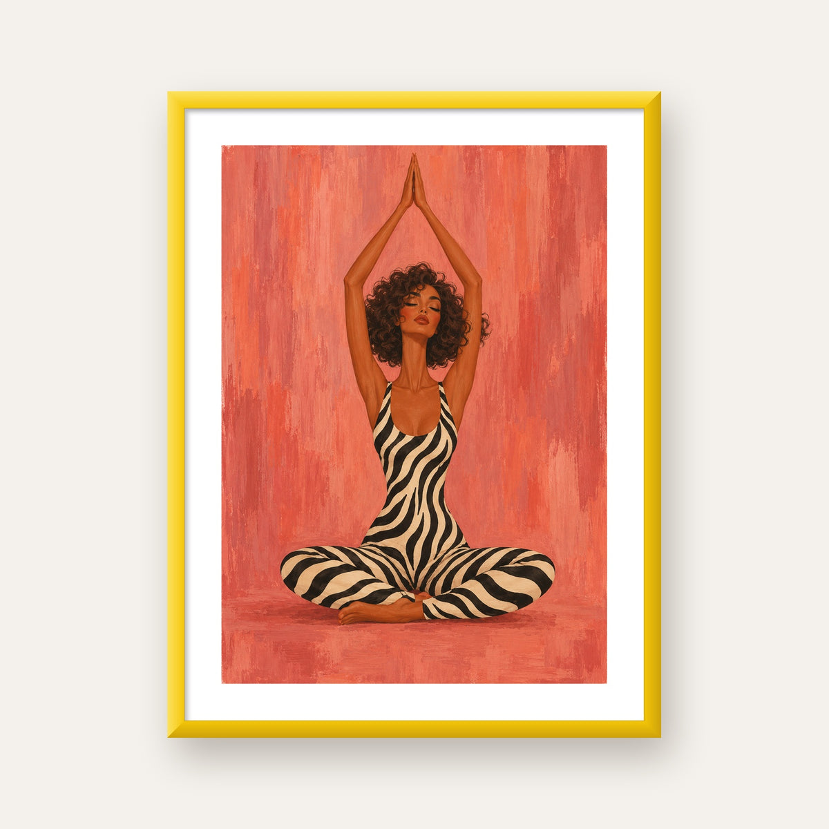 Mercan Zebra Desenli Yoga Yapan Kadın Poster — sarı çerçeveli paspartulu