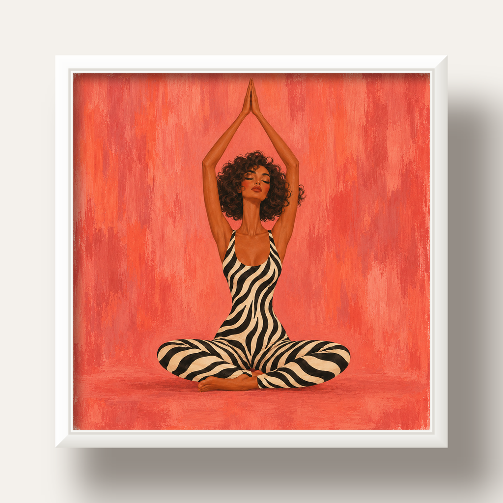 Mercan Zebra Desenli Yoga Yapan Kadın Poster — beyaz derin çerçeveli