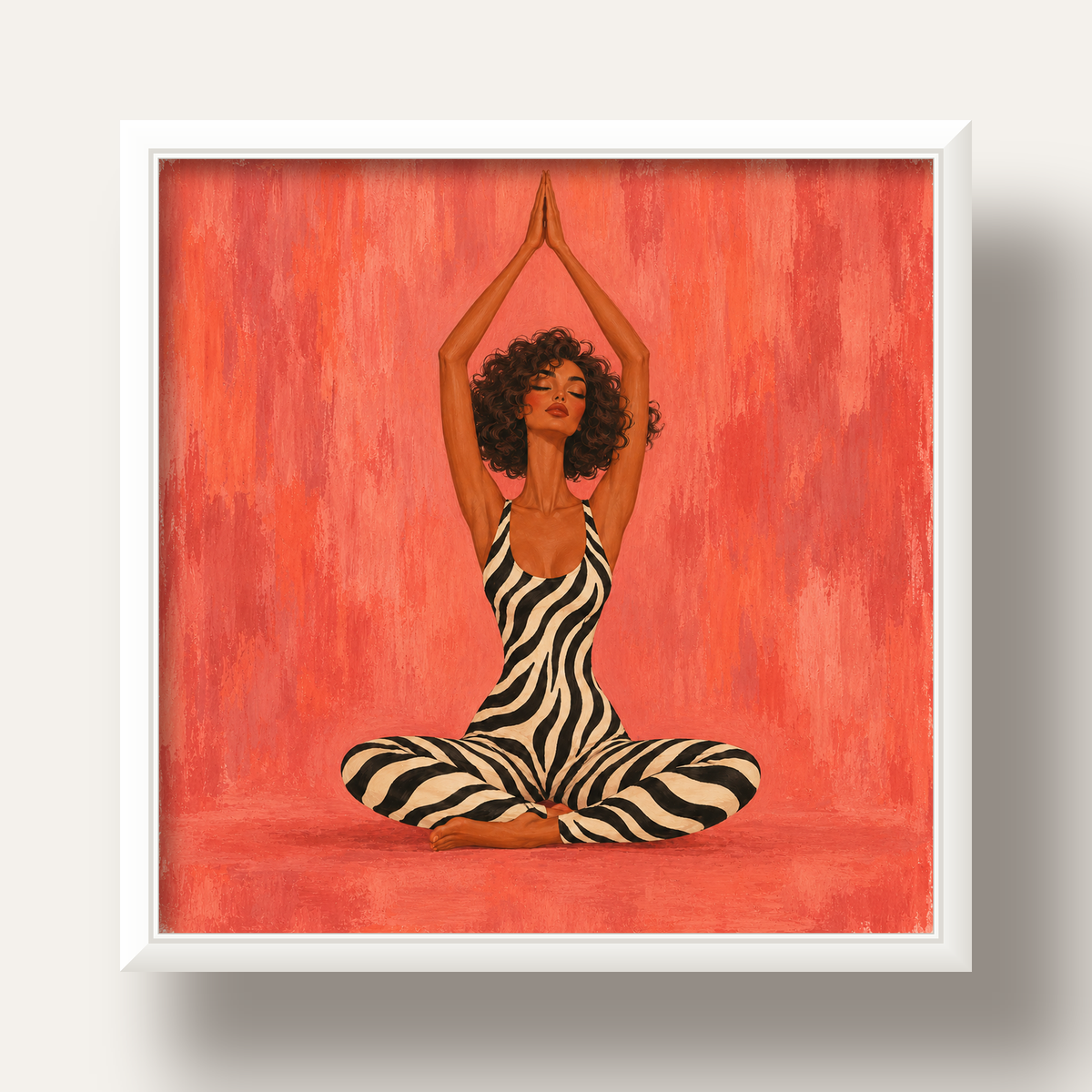 Mercan Zebra Desenli Yoga Yapan Kadın Poster — beyaz derin çerçeveli