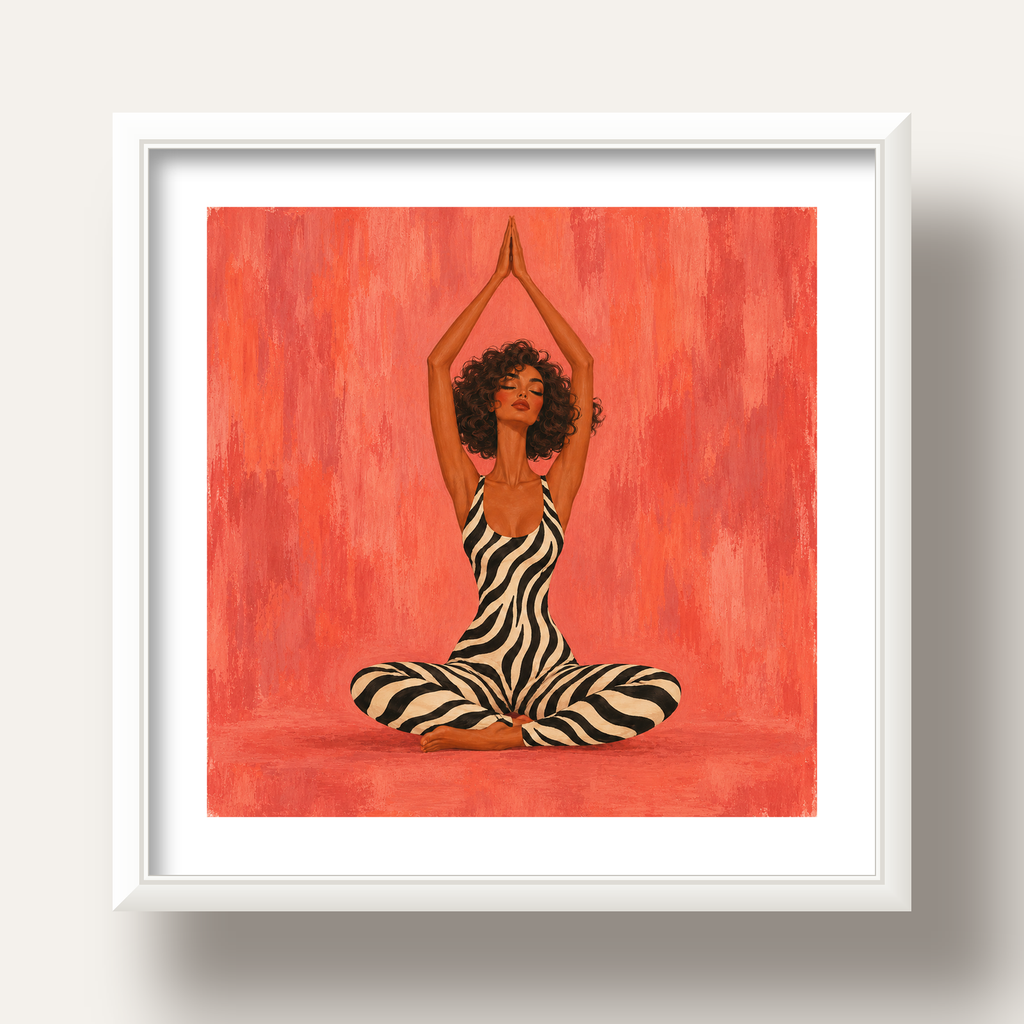 Mercan Zebra Desenli Yoga Yapan Kadın Poster — beyaz derin çerçeveli paspartulu