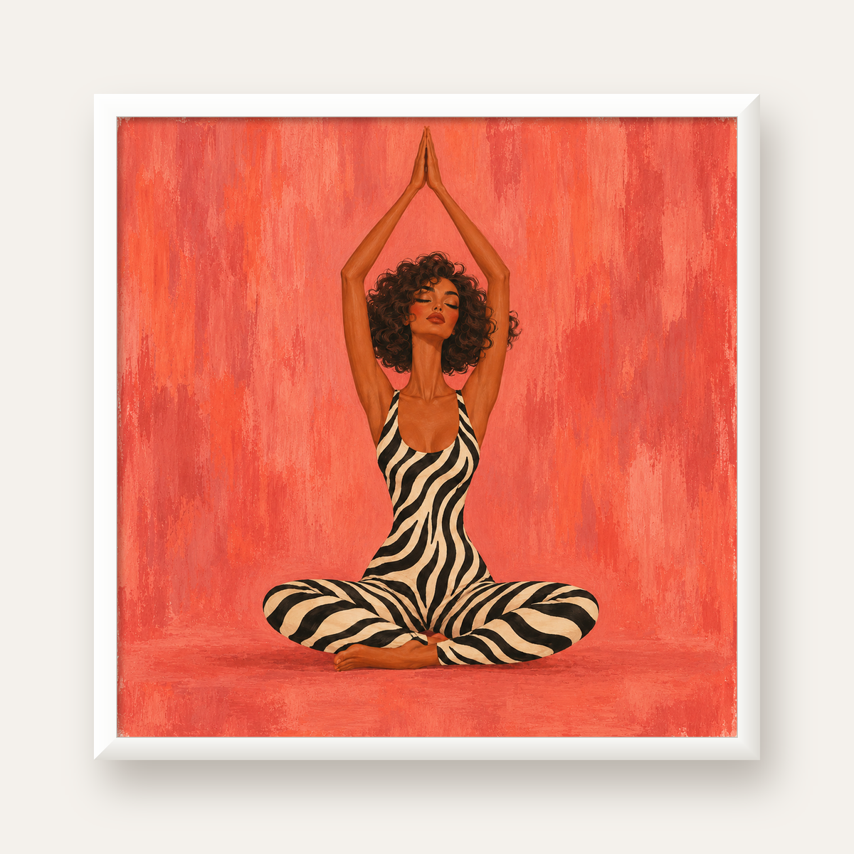 Mercan Zebra Desenli Yoga Yapan Kadın Poster — beyaz çerçeveli kare poster
