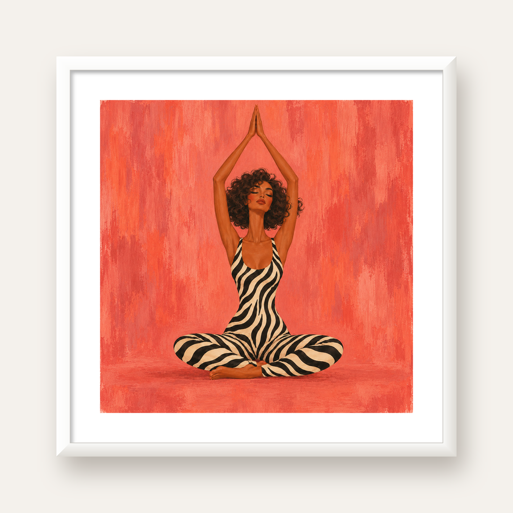 Mercan Zebra Desenli Yoga Yapan Kadın Poster — beyaz çerçeveli kare poster