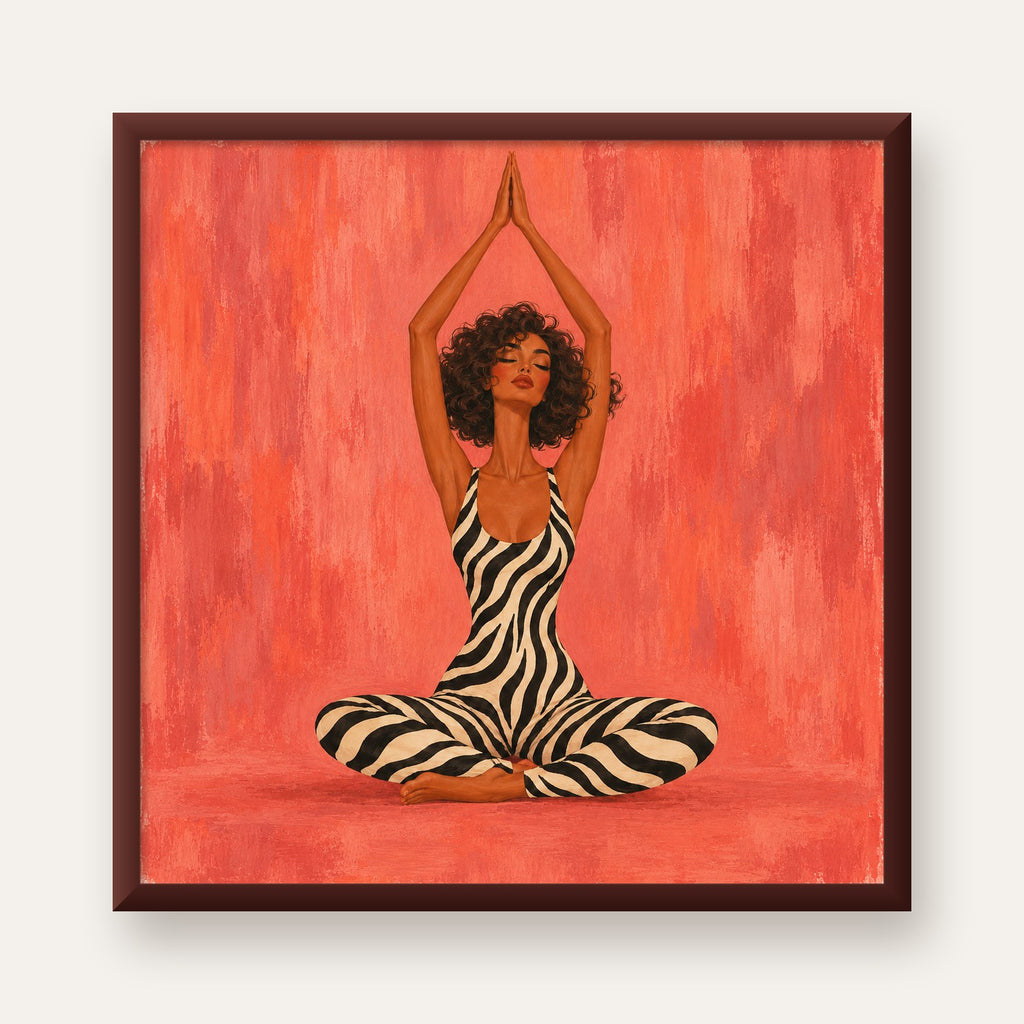 Mercan Zebra Desenli Yoga Yapan Kadın Poster — ceviz çerçeveli