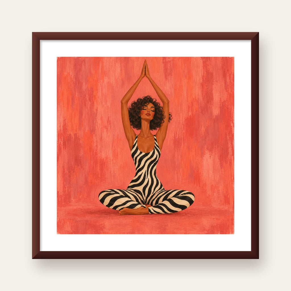 Mercan Zebra Desenli Yoga Yapan Kadın Poster — ceviz çerçeveli paspartulu