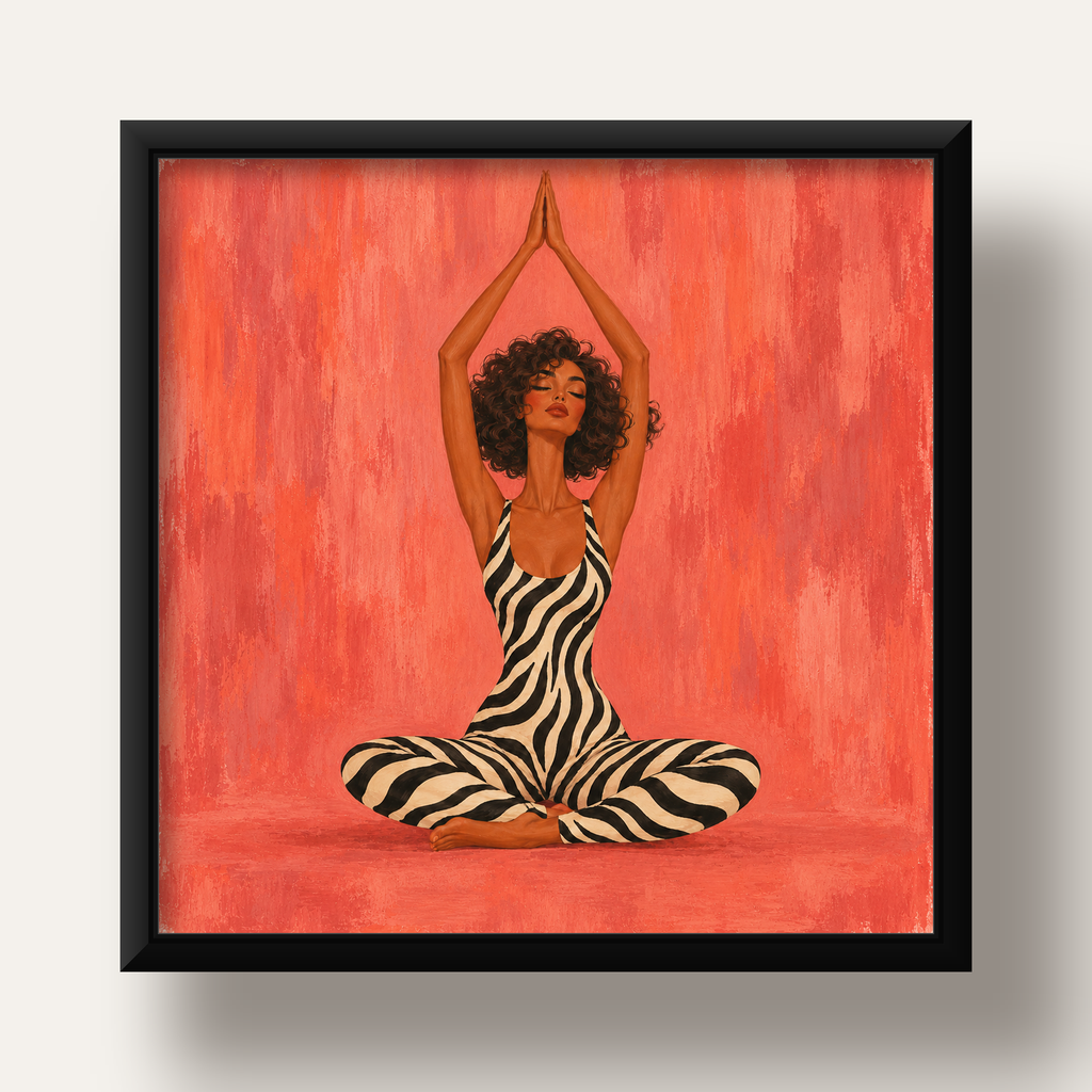 Mercan Zebra Desenli Yoga Yapan Kadın Poster — siyah derin çerçeveli