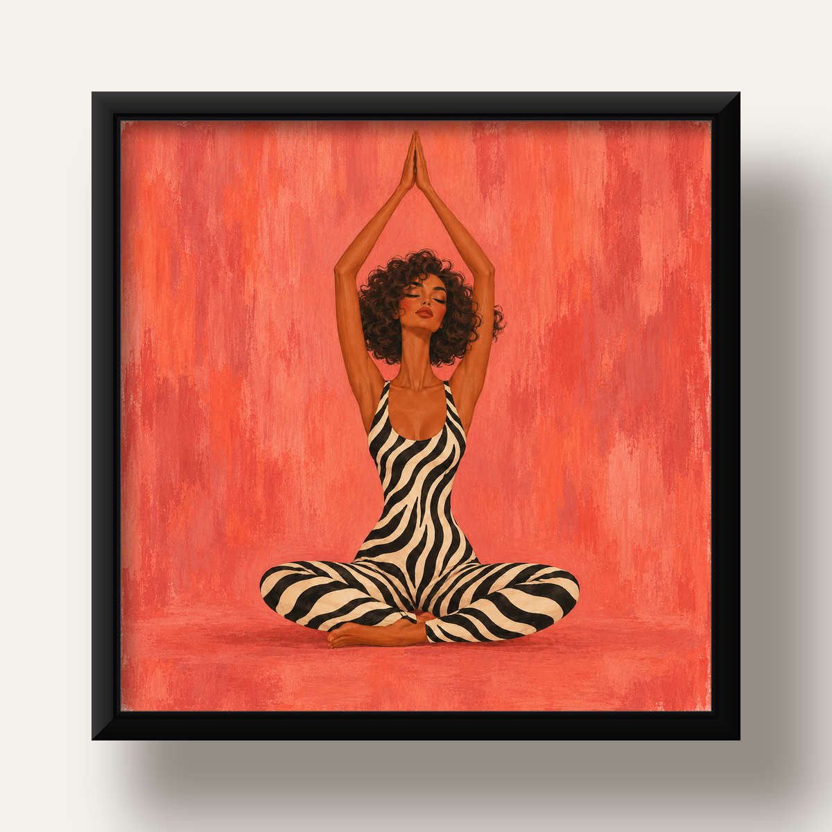 Mercan Zebra Desenli Yoga Yapan Kadın Poster — siyah derin çerçeveli