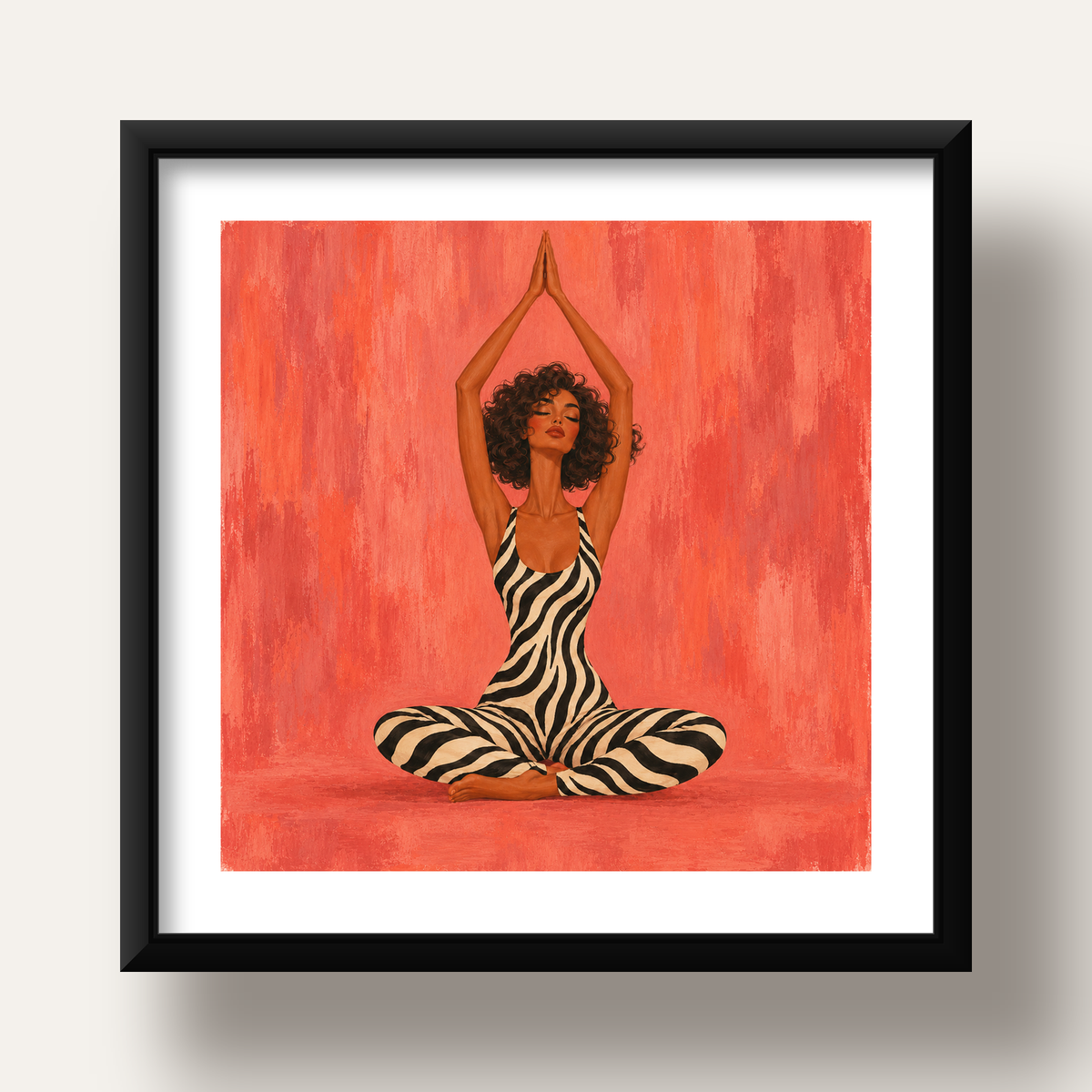Mercan Zebra Desenli Yoga Yapan Kadın Poster — siyah derin çerçeveli paspartulu