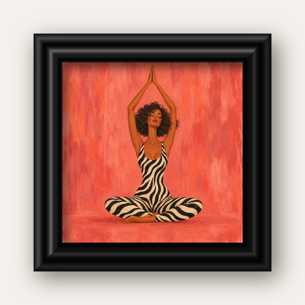 Mercan Zebra Desenli Yoga Yapan Kadın Poster — siyah galeri çerçeveli