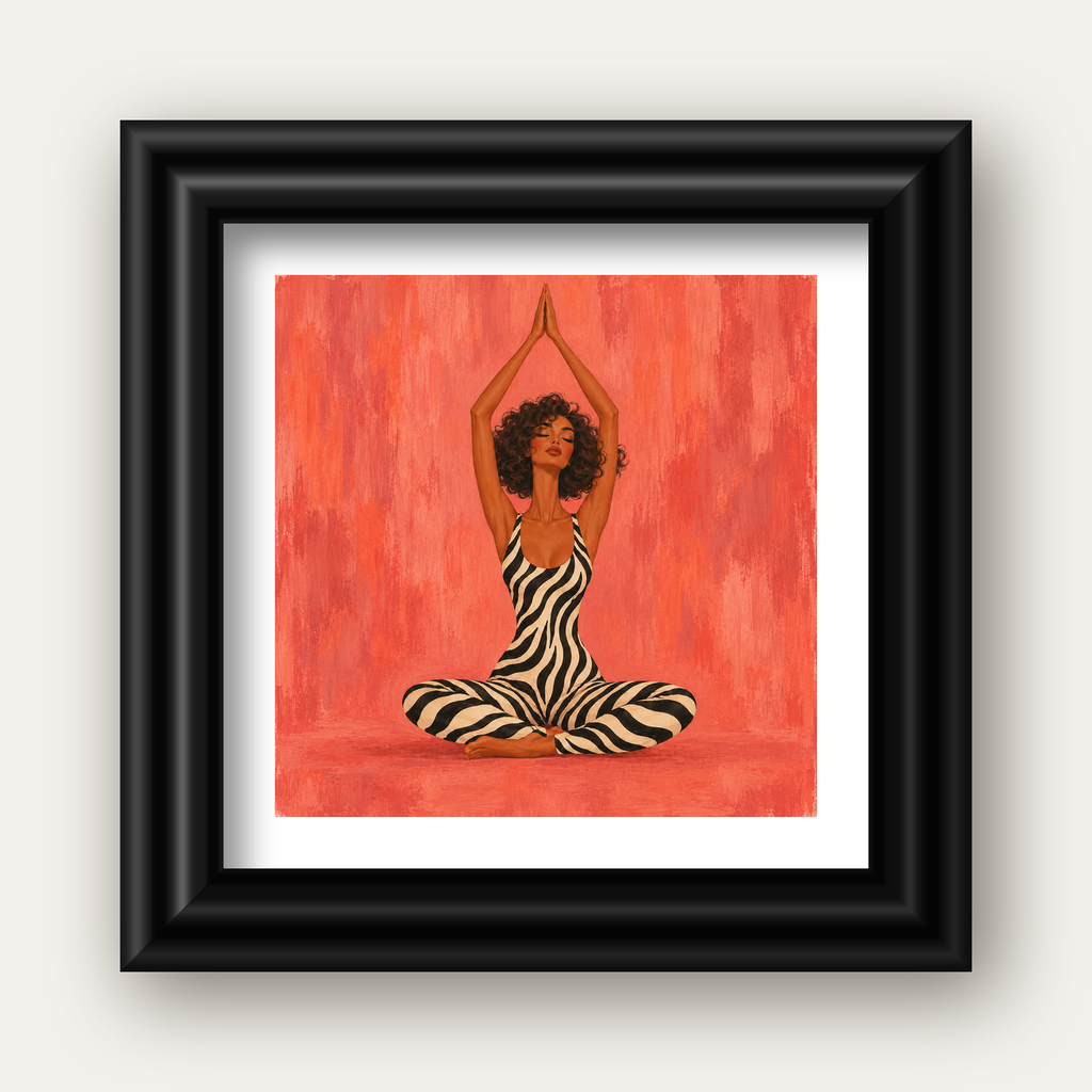 Mercan Zebra Desenli Yoga Yapan Kadın Poster — siyah galeri çerçeveli paspartulu