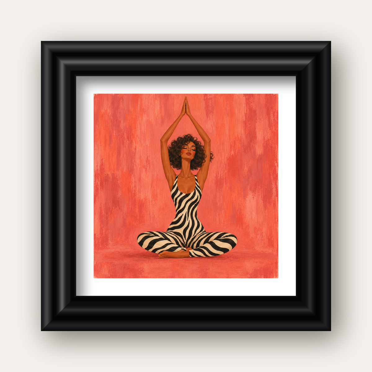 Mercan Zebra Desenli Yoga Yapan Kadın Poster — siyah galeri çerçeveli paspartulu