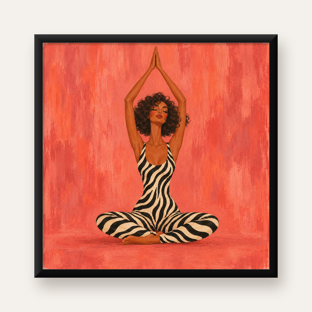 Zebra Desenli Yoga Pozlu Modern Kadın Poster Sanatı — Kare baskı, düz siyah çerçeveli duvar posteri