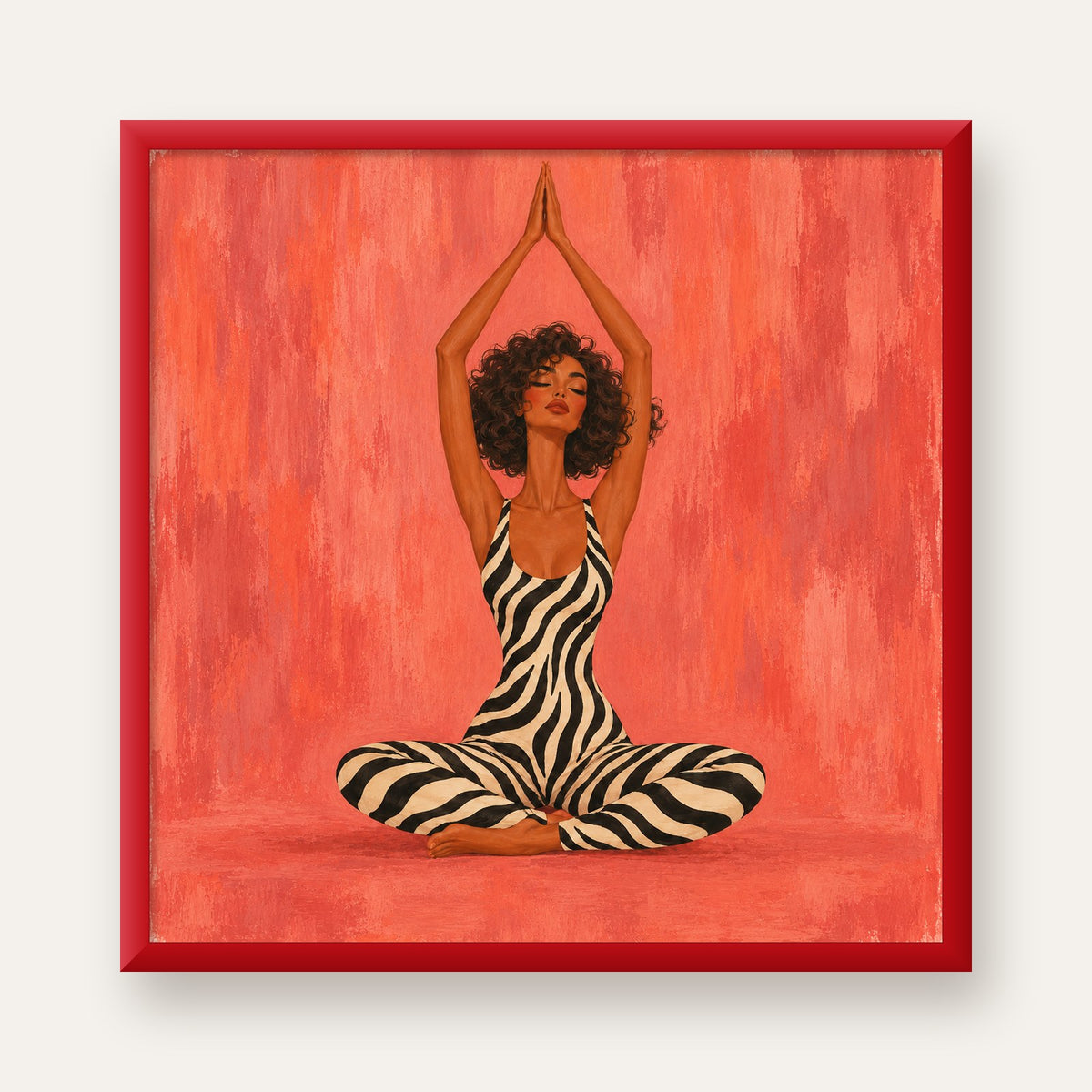 Mercan Zebra Desenli Yoga Yapan Kadın Poster — kırmızı çerçeveli