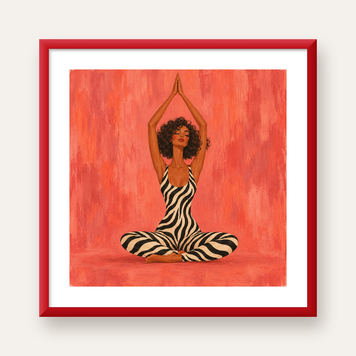 Mercan Zebra Desenli Yoga Yapan Kadın Poster — kırmızı çerçeveli paspartulu