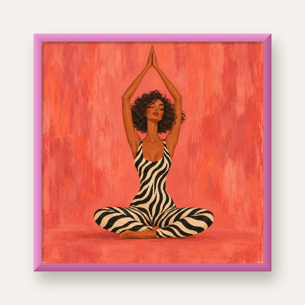 Mercan Zebra Desenli Yoga Yapan Kadın Poster — pembe çerçeveli