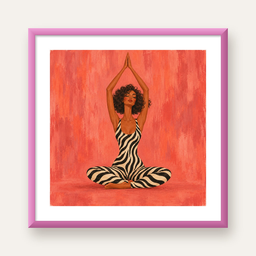 Mercan Zebra Desenli Yoga Yapan Kadın Poster — pembe çerçeveli paspartulu