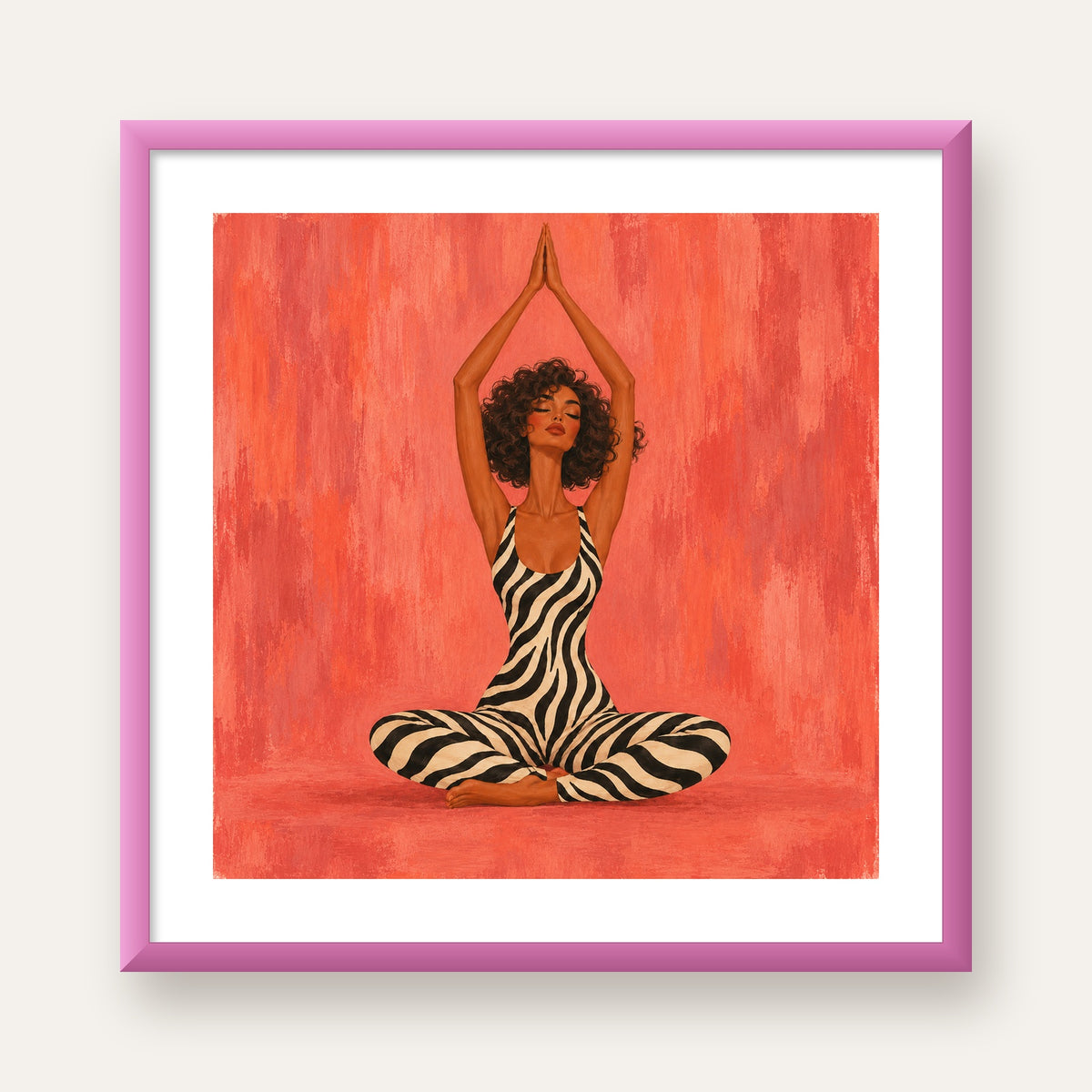 Mercan Zebra Desenli Yoga Yapan Kadın Poster — pembe çerçeveli paspartulu