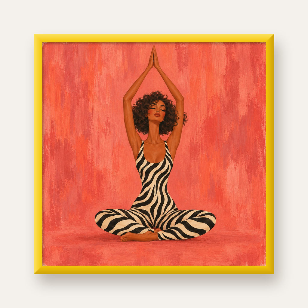 Mercan Zebra Desenli Yoga Yapan Kadın Poster — sarı çerçeveli