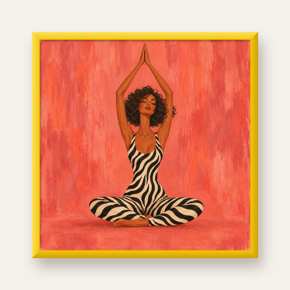 Mercan Zebra Desenli Yoga Yapan Kadın Poster — sarı çerçeveli