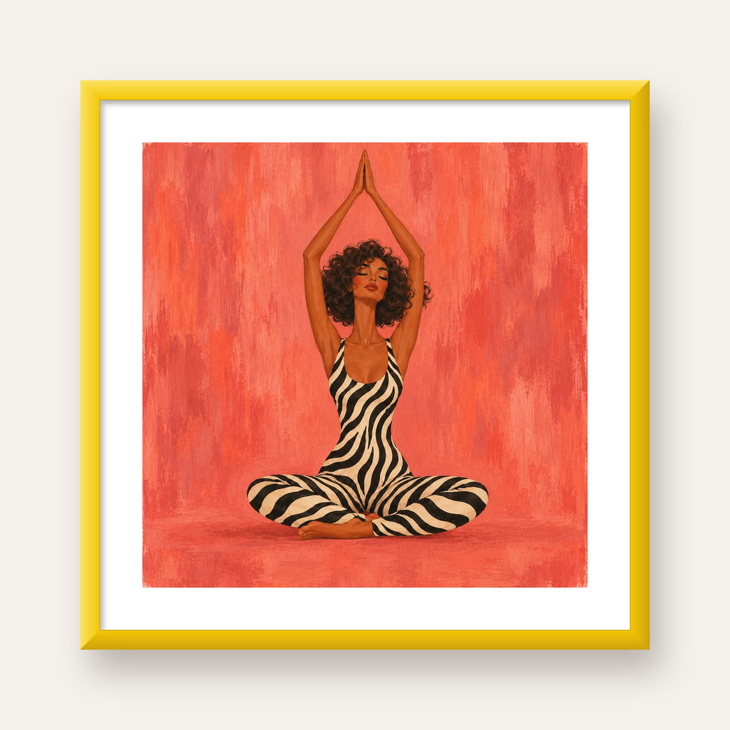 Mercan Zebra Desenli Yoga Yapan Kadın Poster — sarı çerçeveli paspartulu