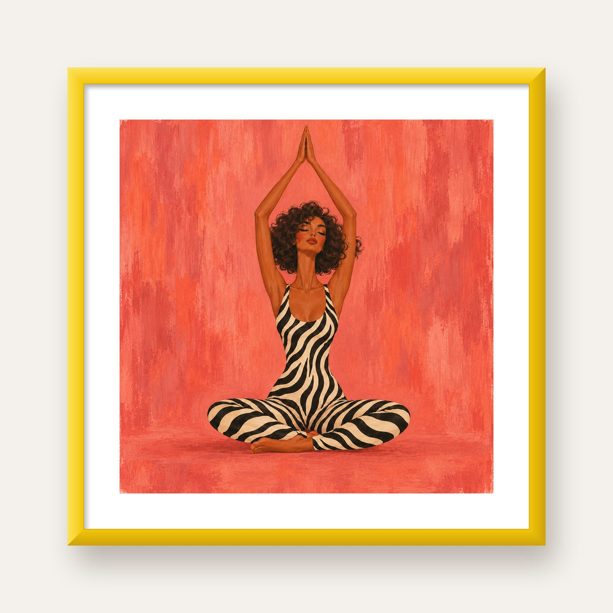 Mercan Zebra Desenli Yoga Yapan Kadın Poster — sarı çerçeveli paspartulu