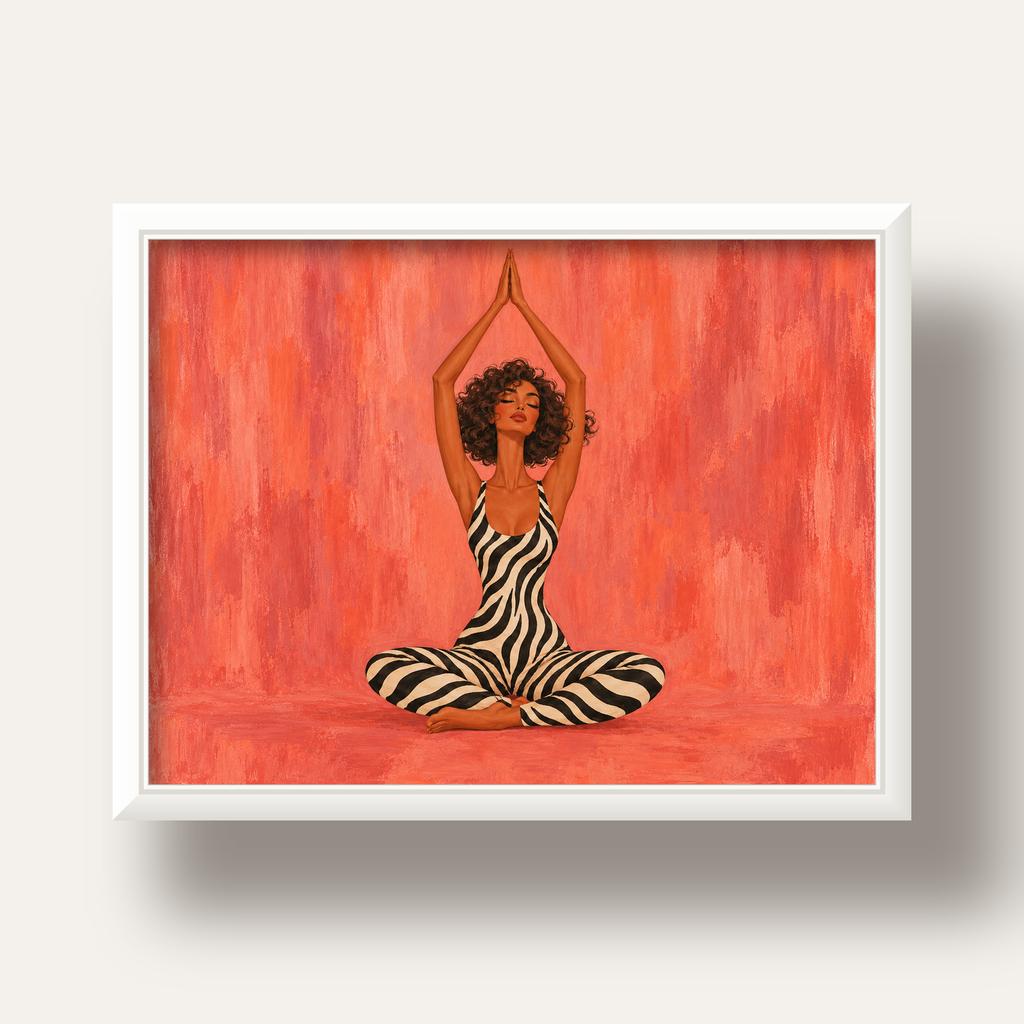 Mercan Zebra Desenli Yoga Yapan Kadın Poster — beyaz derin çerçeveli