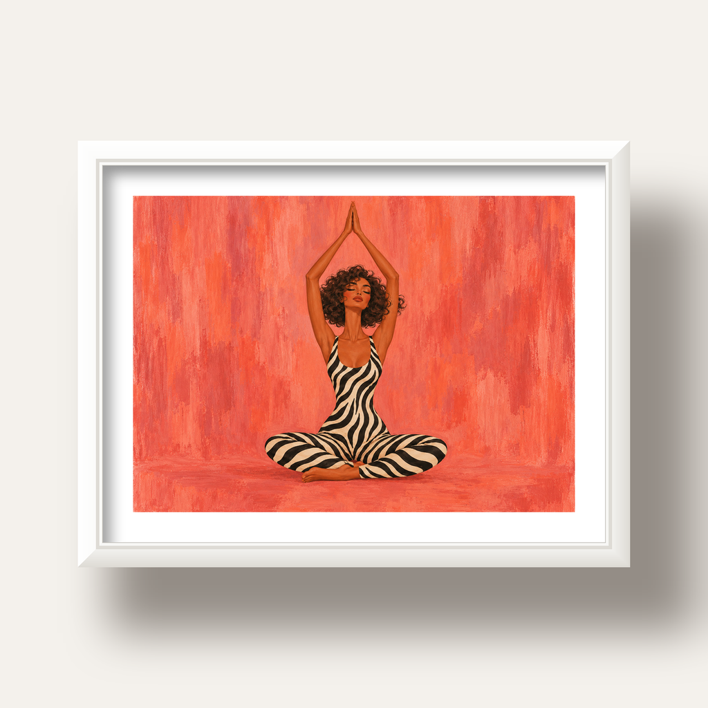Mercan Zebra Desenli Yoga Yapan Kadın Poster — beyaz derin çerçeveli paspartulu