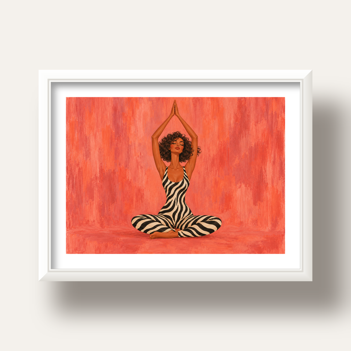 Mercan Zebra Desenli Yoga Yapan Kadın Poster — beyaz derin çerçeveli paspartulu