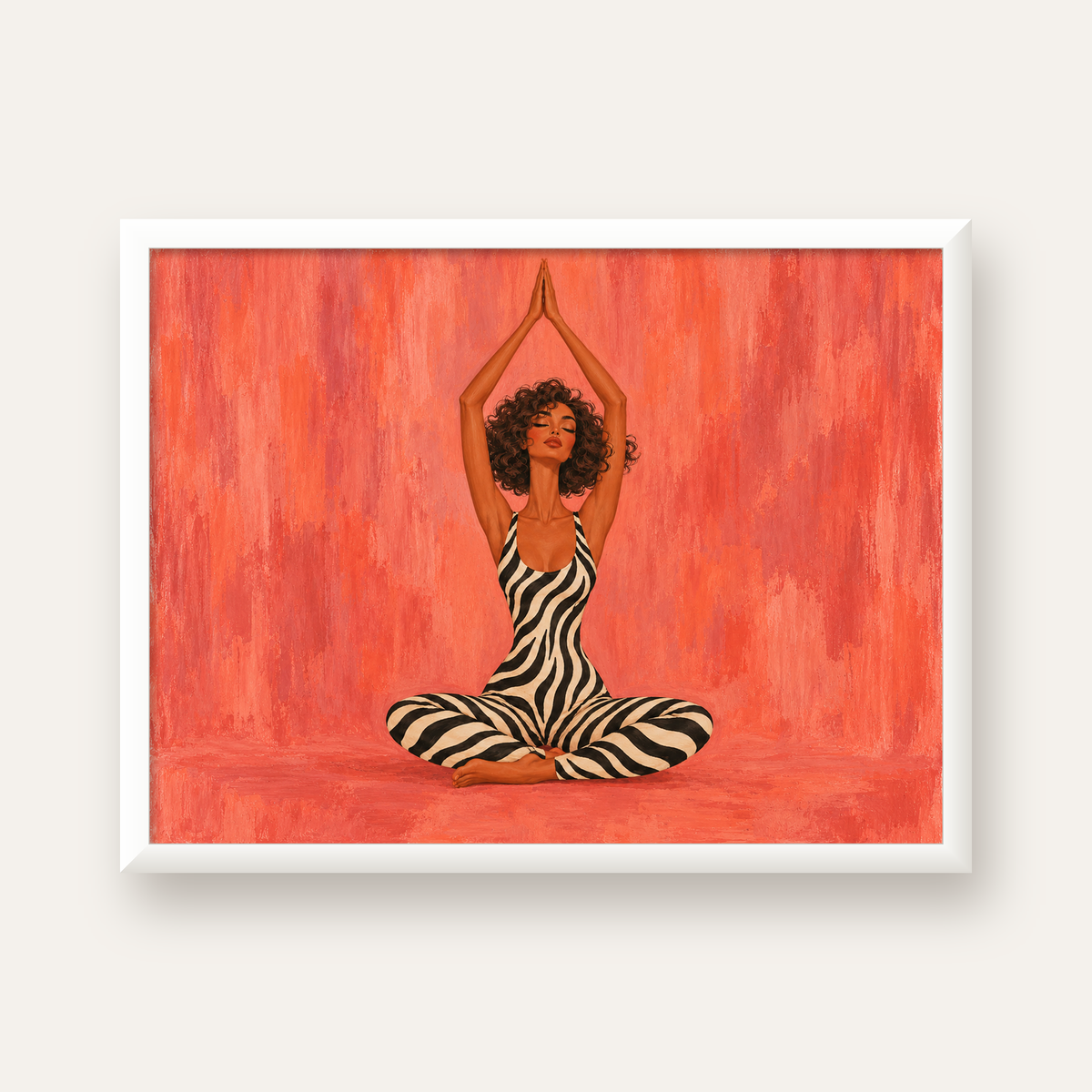 Mercan Zebra Desenli Yoga Yapan Kadın Poster — beyaz çerçeveli yatay poster