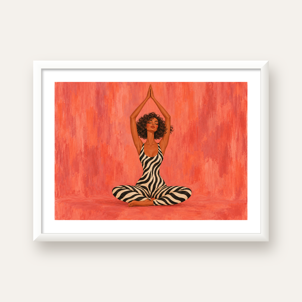 Mercan Zebra Desenli Yoga Yapan Kadın Poster — beyaz çerçeveli yatay poster