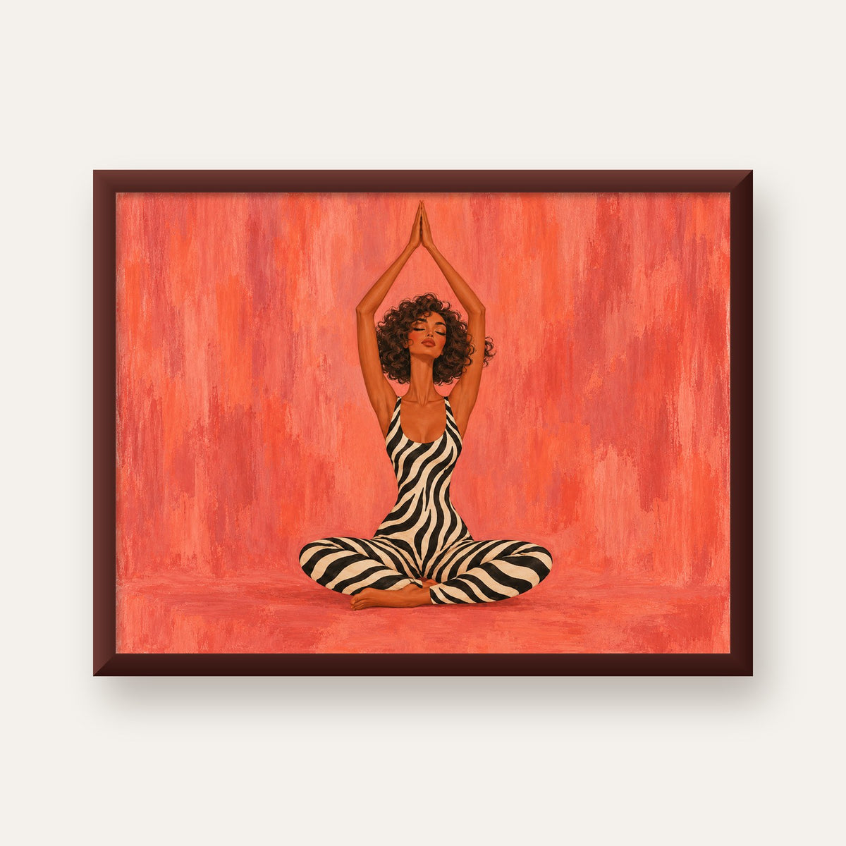Mercan Zebra Desenli Yoga Yapan Kadın Poster — ceviz çerçeveli