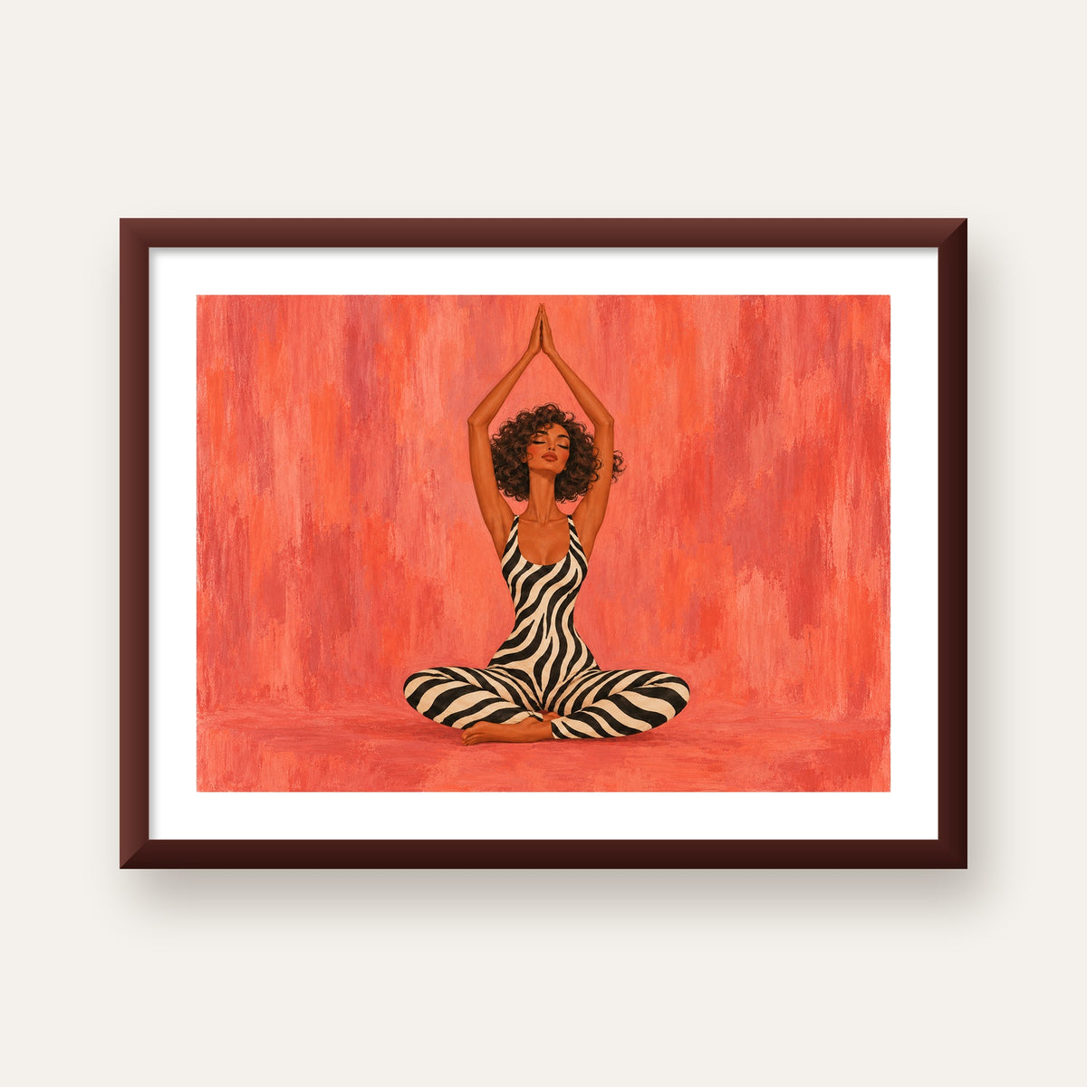 Mercan Zebra Desenli Yoga Yapan Kadın Poster — ceviz çerçeveli paspartulu