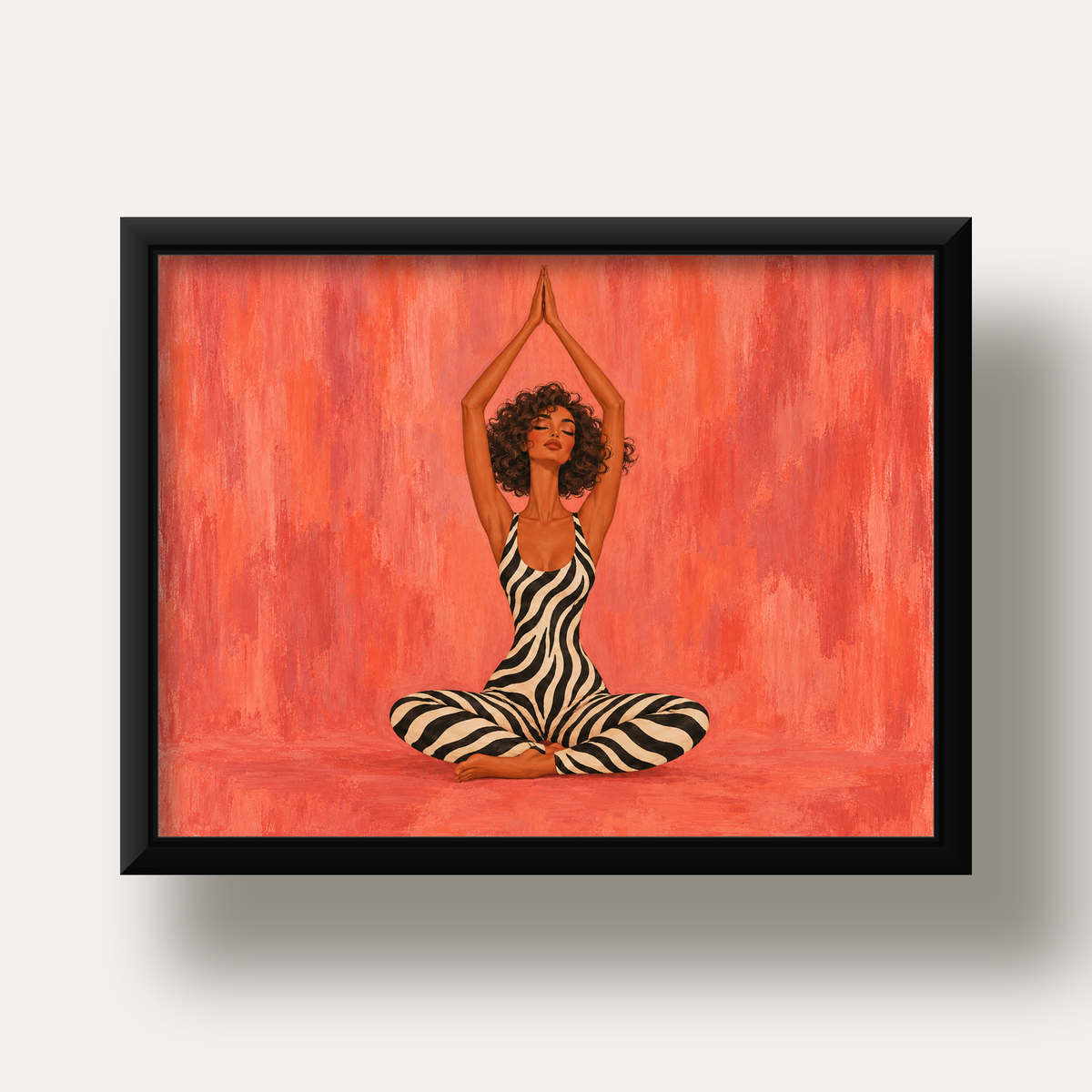 Mercan Zebra Desenli Yoga Yapan Kadın Poster — siyah derin çerçeveli
