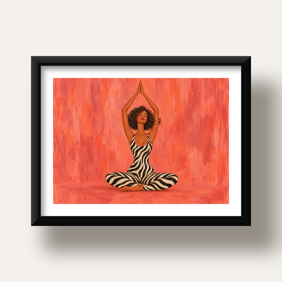 Mercan Zebra Desenli Yoga Yapan Kadın Poster — siyah derin çerçeveli paspartulu