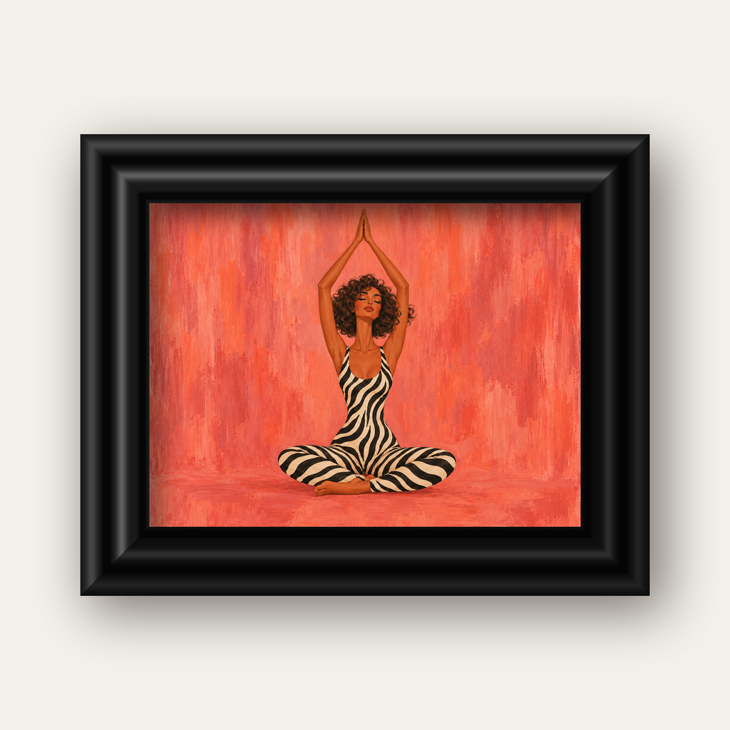 Mercan Zebra Desenli Yoga Yapan Kadın Poster — siyah galeri çerçeveli
