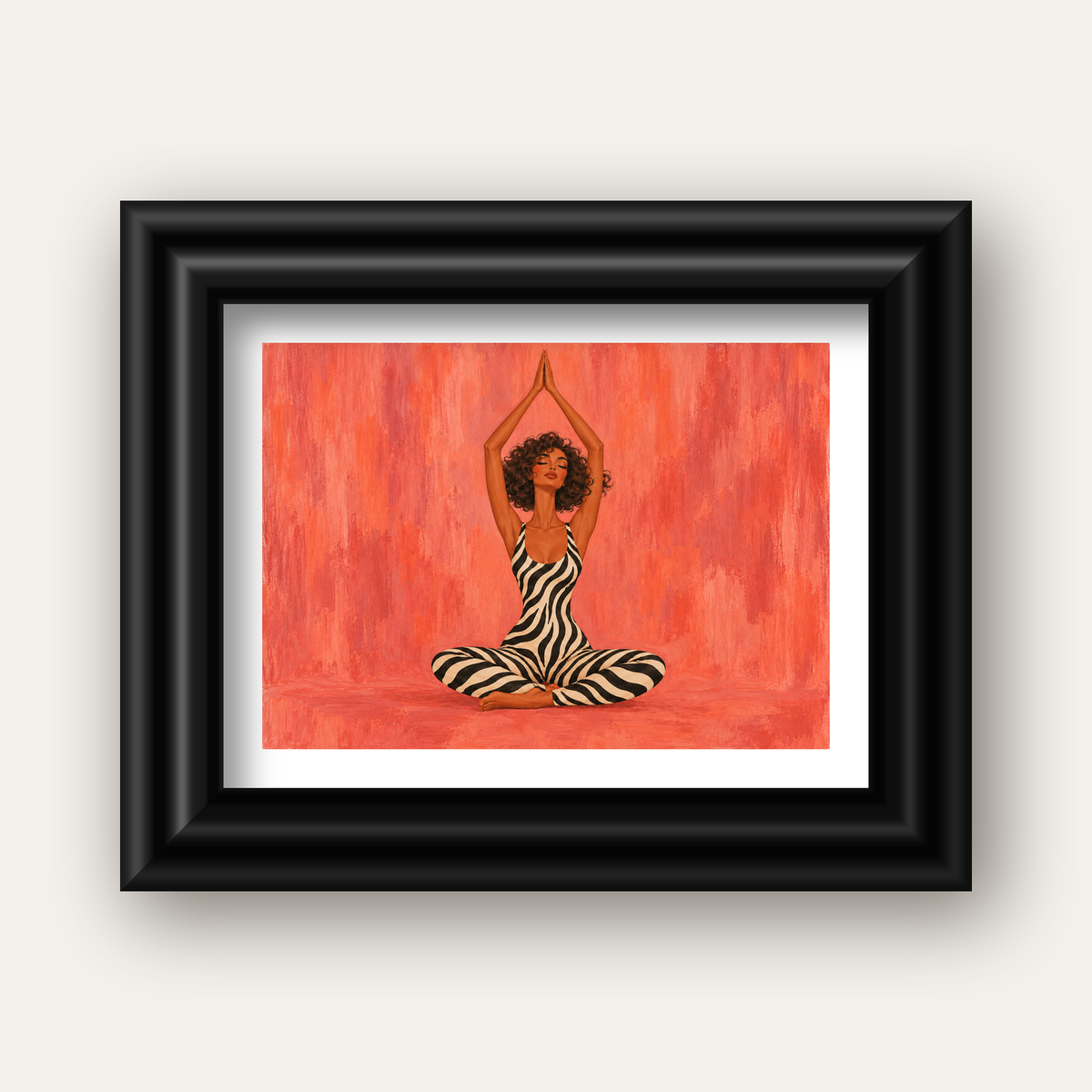 Mercan Zebra Desenli Yoga Yapan Kadın Poster — siyah galeri çerçeveli paspartulu