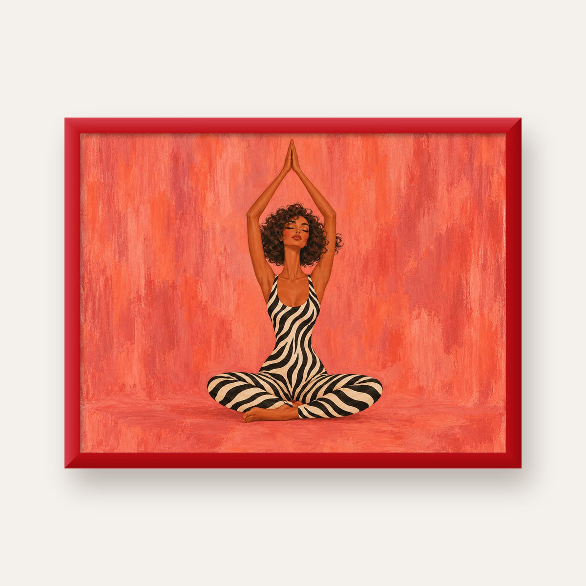Mercan Zebra Desenli Yoga Yapan Kadın Poster — kırmızı çerçeveli