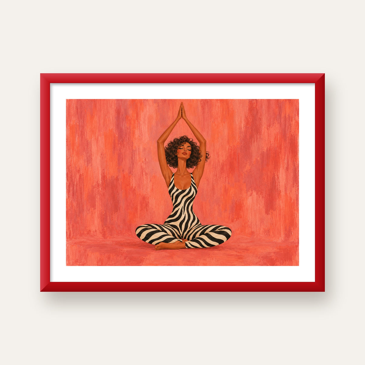 Mercan Zebra Desenli Yoga Yapan Kadın Poster — kırmızı çerçeveli paspartulu