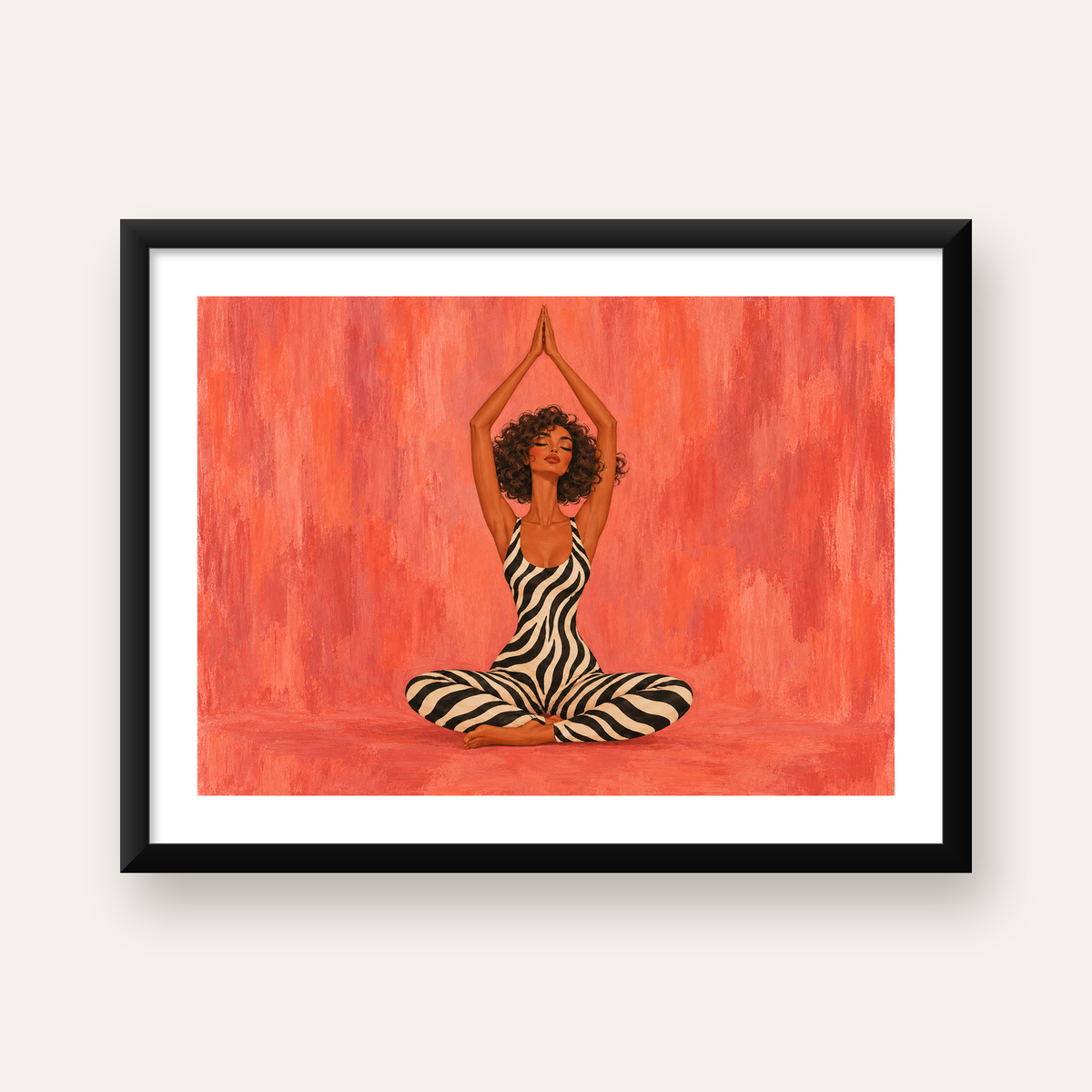 Zebra Desenli Yoga Pozlu Modern Kadın Poster Sanatı — Yatay baskı, beyaz kenar boşluklu